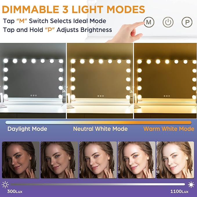 M MIVONDA Hollywood Vanity Mirror with Dimmable 15LED Bulbs Lights 3 Lighting Modes 2in1 Large Lighted Makeup Mirror for Desk and Wall with Plug-in and USB Charger Port
