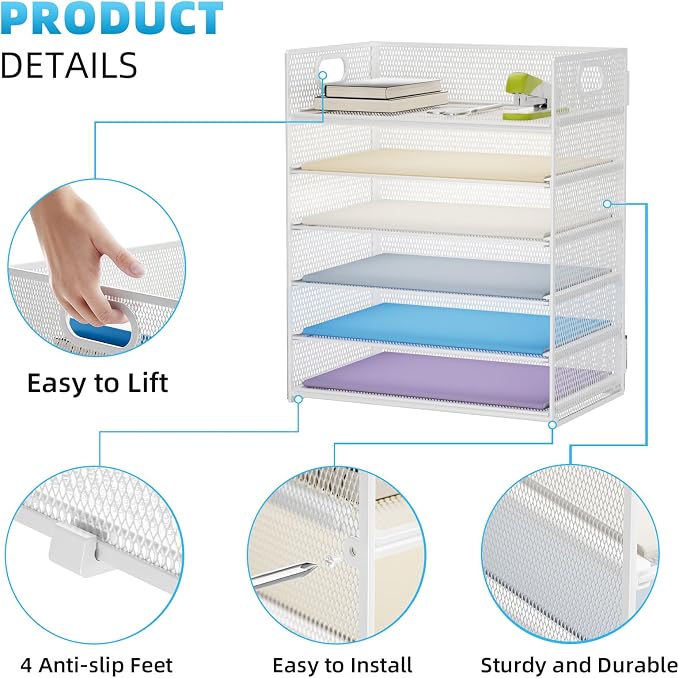 Marbrasse 2 Pack Desk Organizer with Handle, 6 Tier Paper Letter Tray, Mesh Desk File Organizer for Office, School and Home - Whtie