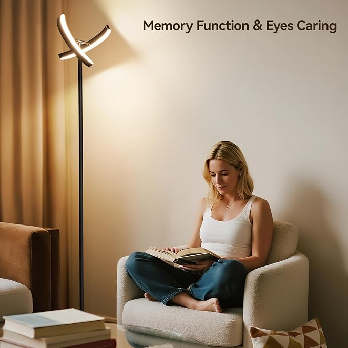 SUNMORY Floor Lamps for Living Room, 28W/1600LM Bright LED Floor Lamp with Remote & 2 Rotatable Lights, 74" Dimmable Tall Standing Lamp, Modern Reading Torchiere Corner Lamp for Bedroom Office, Black