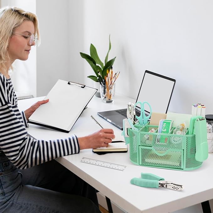 17 in 1 Green Desk Organizers and Accessories Set, 3 Office Desk Supplies Storage Organization, 4 Pens, Stapler, Staples & Remover, Tape & Dispenser, Scissors, Ruler, Clips, Hole Punch, Back to School