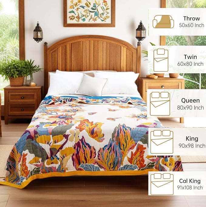 VANJOROY Boho Throw Blanket 100% Organic Cotton 60x80 for Bed Couch, Floral | Cozy Ultra soft, Breathable, Skin-friendly Lightweight,Butterfly Farmhouse Design,Summer Beige Quilt Chair Throw for Gifts
