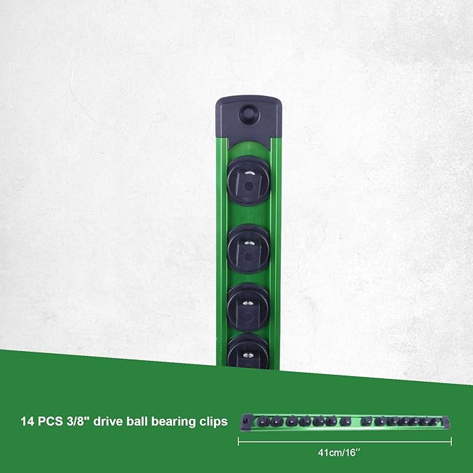 Magnetic Socket Holder Organizer Set:3/8-Inch Drive Socket Trays Socket, 360° Swivel 14 Clips Socket Holder Kit, For Automotive Mechanic Garage (Green)