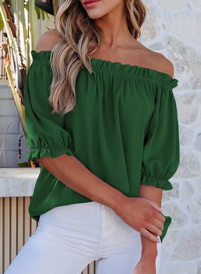 EVALESS Womens Tops Off The Shoulder Blouses for Women Dressy Casual Cute Puff Sleeve T Shirts Fashion 2026