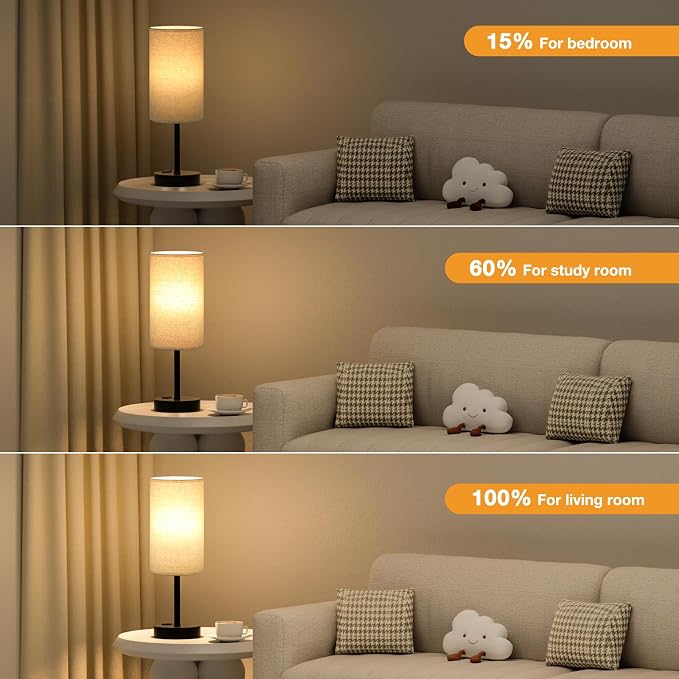 Fenmzee Touch Table Lamp - Beige, 3-Way Dimmable, USB A + C Charging, AC Outlet, 17.4inch Medium, Black Metal Base