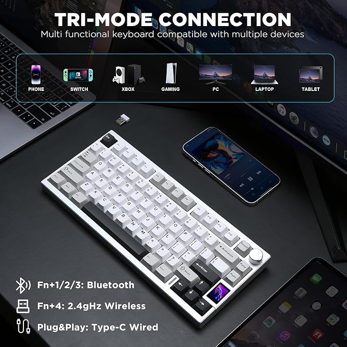 YUNZII AL80 75% Wireless Aluminum Mechanical Keyboard(Silver,Gateron Zero) | QMK/VIA, Smart LCD Display and Knob, Hot Swap, Gasket Structure, BT/2.4G/USB-C, RGB Keyboard for Gaming/Win/Mac