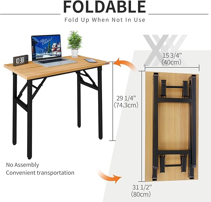 Need Small Computer Desk 31.5 Inch Folding Home Office Table Teak | Black Frame Writing Gaming Work Table/Sturdy Foldable Study Table for Small Space/Dormitory, No Assembly Required