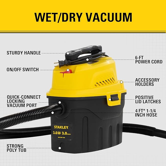 Stanley 3 Gallon Portable Shop Vacuum, 3 Peak HP Wet Dry Suction Vac,Multi-functional Crevice Nozzle with Retractable Hose Vacuum for Home, Car Detailing, Jobsite, Garage & Workshop SL18910P-3