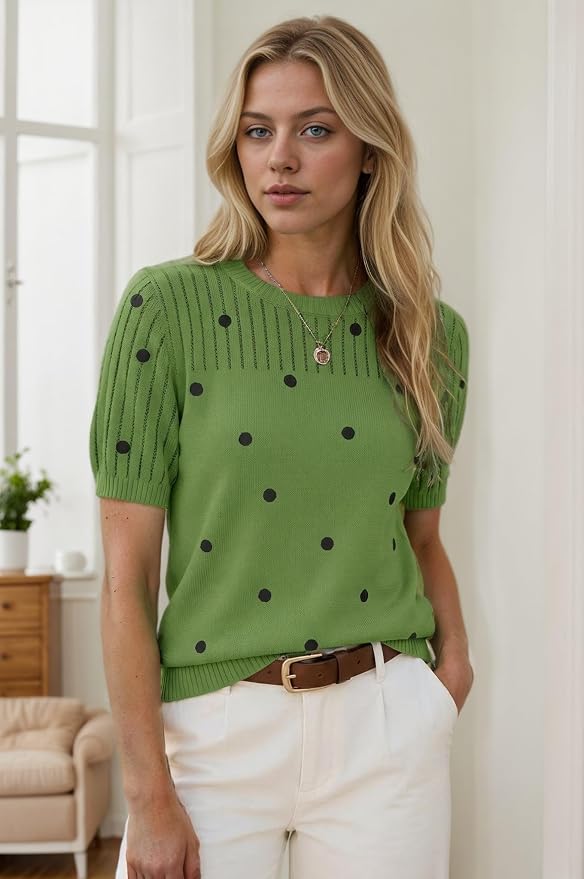 Zeagoo Women's Short Sleeve Sweater Tops 2026 Spring Summer Crew Neck Hollow Out Blouses Dressy Business Casual Outfits
