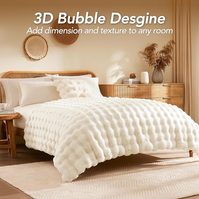 L'AGRATY Faux Rabbit Fur Throw Blanket for Couch, 60'' x 80'', Cream White | Soft Cozy Bubble Fluffy Blanket for Sofa Bed, Thick Warm Plush Fuzzy Throw for Room Home Decor, Luxury Gift for Women Mom