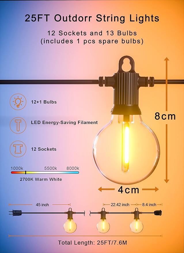 Outdoor String Lights, 25FT Patio Lights with 13 Shatterproof G40 Globe Bulb(1 Spare), Waterproof Connectable Dimmable LED Hanging String Lights for Outside Backyard Porch Balcony, 2700K