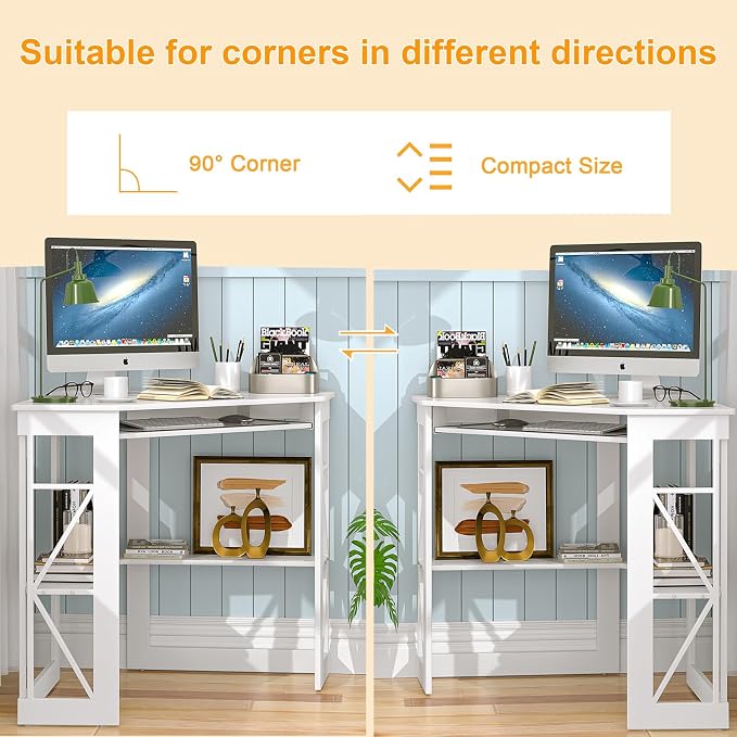 VECELO Corner Desk, Triangle Computer Desk for Small Space with Charging Station and Keyboard Tray, Corner Makeup Table with Storage Shelves for Home Office Bedroom, 41x30, White