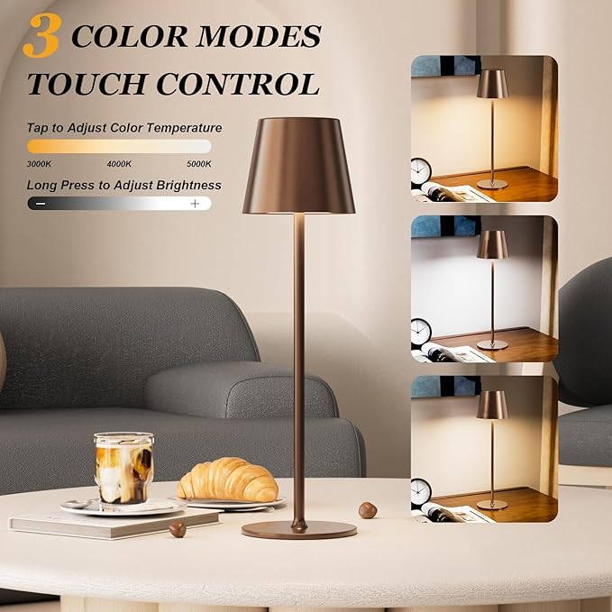 Cordless Table Lamp Rechargeable Brown - KK 2 Pack 5000mAH Battery Operated Lamp for Counter, 3 Color Stepless Dimming Wireless Lamp for Dining Table, Kitchen Counter, Outdoor Patio, Touch Control