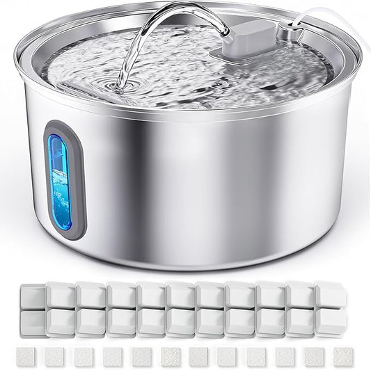 Cat Water Fountain Stainless Steel, 3.2L Cat Fountains for Drinking with Smart Quiet Pump and Water Level Window, Easy-to-Clean Automatic Pet Water Dispenser (3.2L Fountain with 12 Filters)