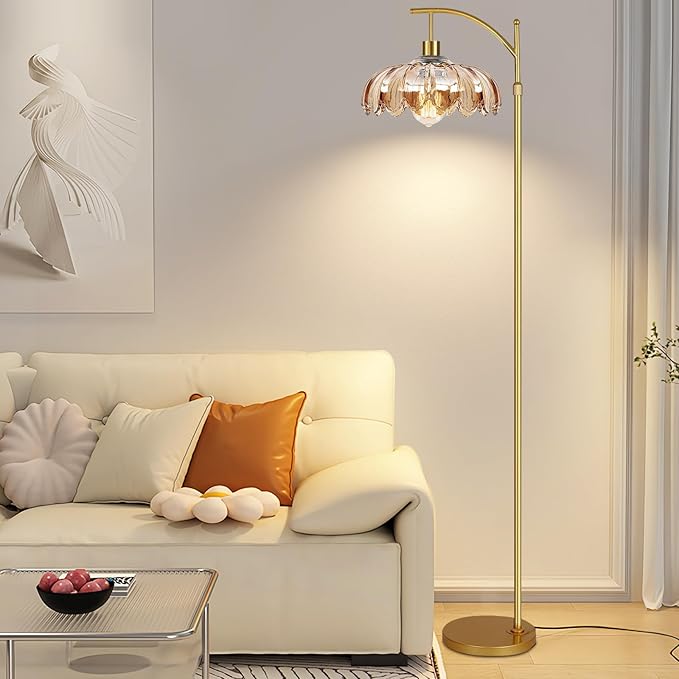 Arc Floor Lamp for Living Room Gold Floor Lamp with Remote Control,Dimmable Floor Lamps With Glass Lampshades,Mid Century Modern Standing Lamp Tall Vintage Flower Floor Lamps for Bedroom,Corner