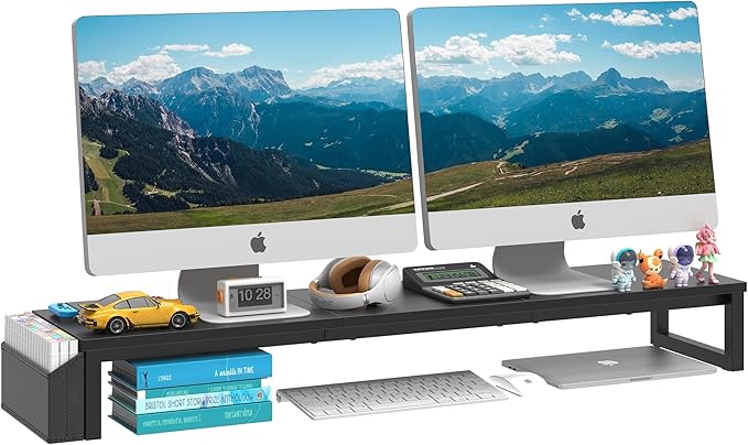 LAND·VOI Dual Monitor Stand Riser,41.5'' Long Monitor Stand for 2 Monitors, Wood and Steel Computer Monitor Stand, Desktop Oraganizer with Pen Holder, Monitor Riser for Desk Computer,Laptop,TV, Black