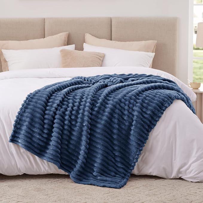 EXQ Home Fleece Throw Blanket for Couch or Bed - 3D Stripe Jacquard Decorative Blankets - Cozy Soft Lightweight Fuzzy Flannel Blanket Suitable for All Seasons(50"×60",Dark Blue)