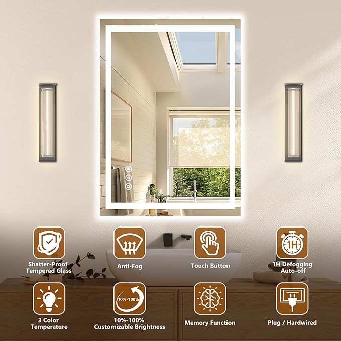 30x36 LED Bathroom Mirror with Lights - Dimmable, Anti-Fog, 3 Color Backlit & Front Lit Mirror for Bathroom, Shatter-Proof Tempered Glass, Easy Installation