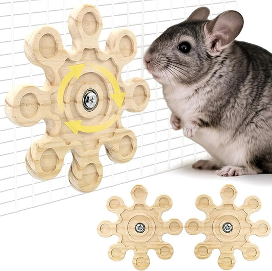 2pcs Rotating Natural Wood Chinchilla Chew Toys for Teeth, Interactive Enrichment Toys, Hanging Exercise Chinchilla Toys for Cage for Playtime, Spinner Cage Accessories Wheel