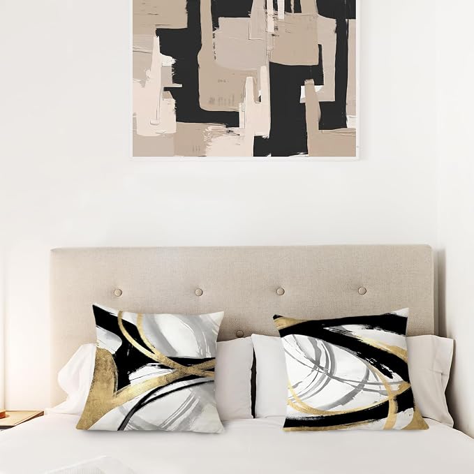 Black White and Gold Pillow Covers, Abstract Black and Gold Pillow Covers 24x24 Set of 2, Modern Boho Home Decor, Black and Gold Decorative Throw Pillows Cover for Couch Living Room Bedroom