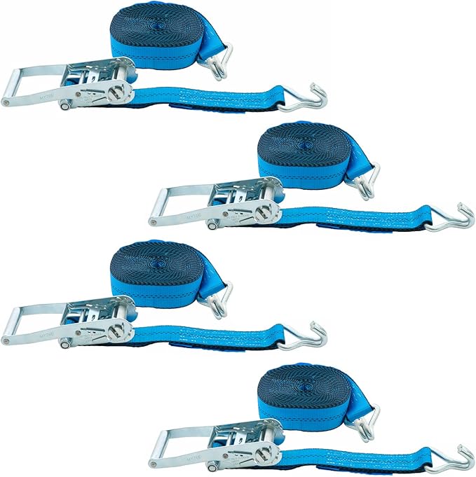 Mytee Products 4 Pack 2 inch x30 ft Heavy Duty Ratchet Straps with Double J Hooks - 10,000 Lbs Breaking Strength Blue Tie Down Straps w/Wire Hooks for Industrial Use, Trailers, Truck Cargo