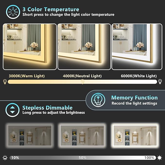 84x40 Gold LED Bathroom Mirror with Lights, Brushed Gold Framed Backlit and Front Lit Anti-Fog Lighted Vanity Mirrors for Bathroom Wall, Dimmable, 3 Colors, Memory, HD Tempered Glass, CRI＞90