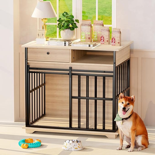 35.5" Dog Crate Furniture, Dog Kennel Indoor with Wheels for Medium Small Dogs, Wooden Dog Crate End Table with Drawer, Open Shelves and Sliding Door, Dog Kennel Furniture for Living Room, Bedroom