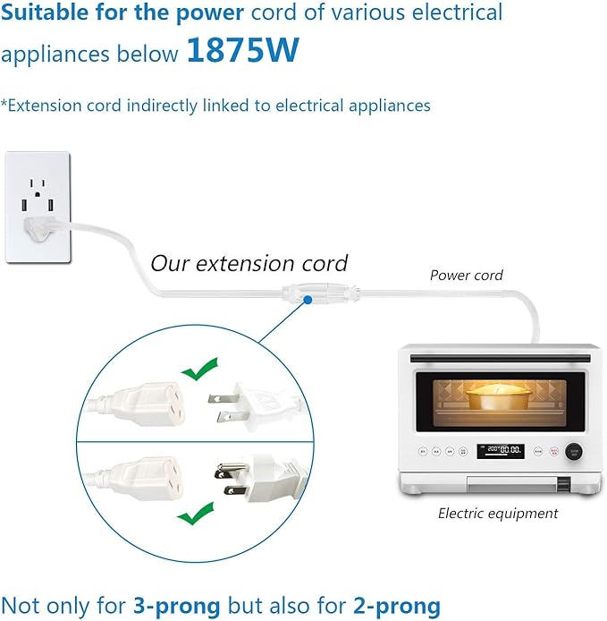 FIRMERST 14 AWG 3 Prong Extension Cord 15 ft 1875W 15A White, UL Listed