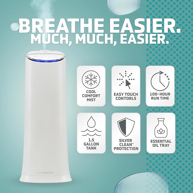 PureGuardian Ultrasonic Cool Mist Humidifier, 100 Hrs. Run Time, 1.5 Gallon Tank, 440 Sq. Ft. Coverage, Medium Rooms, Quiet, Filter Free, Essential Oil Tray, White, H3200WAR