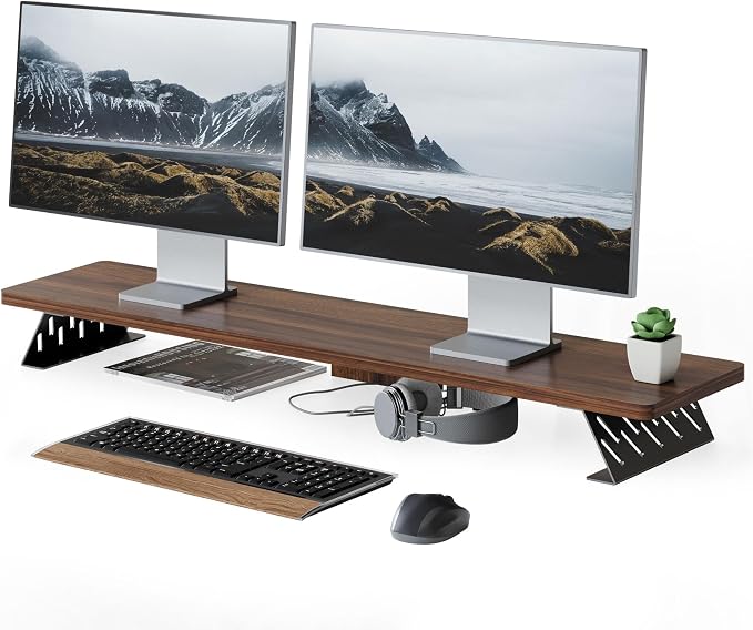 Fenge Dual Monitor Stand Riser, 42.5 Inch Desk Top Shelf for 2 Monitors, Computer Stands for Desk, Wood & Steel Desktop Riser for Laptop, PC, Printer