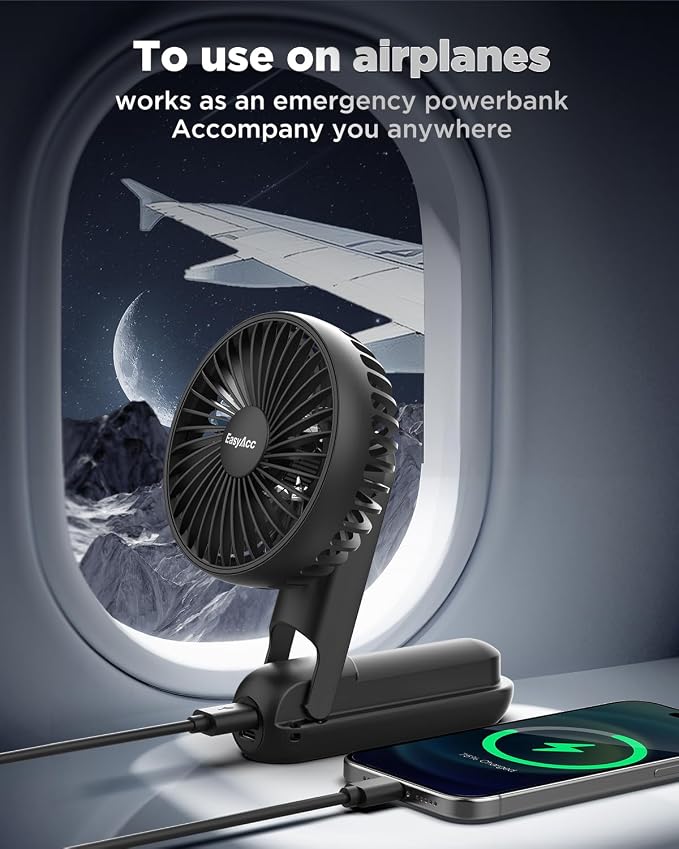 EasyAcc Portable Rechargeable Cooling Fan, 5000mAh Foldable Desk Fan, Black | Up to 32 hours World Cup Match Day Essential. 180° foldable design with lanyard