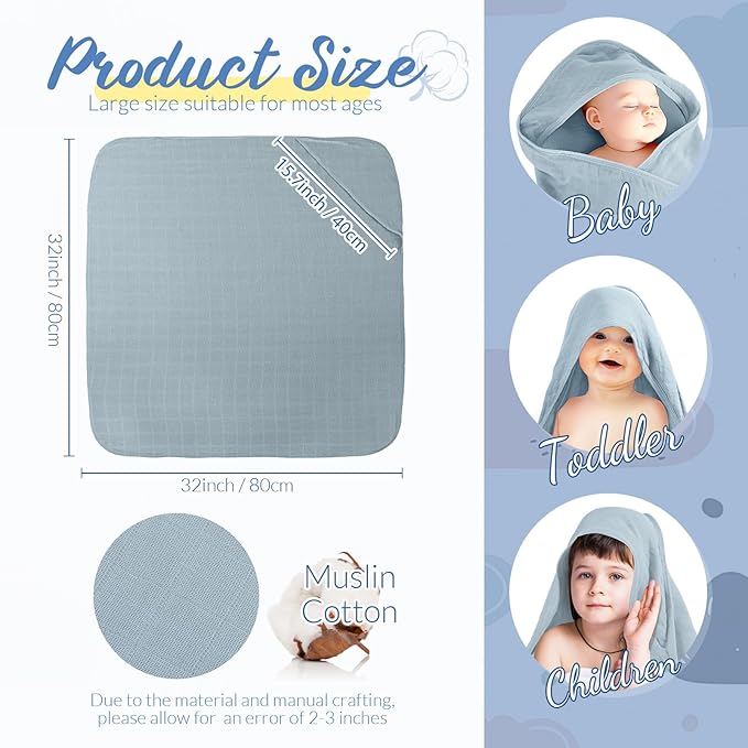 Preboun 4 Pcs Muslin Hooded Baby Towels,32"x 32" Cotton Newborn Bath Towel Muslin Infant Baby Blankets Absorbent Unisex Newborn Registry Gift for Girls Boys(Blue Series)