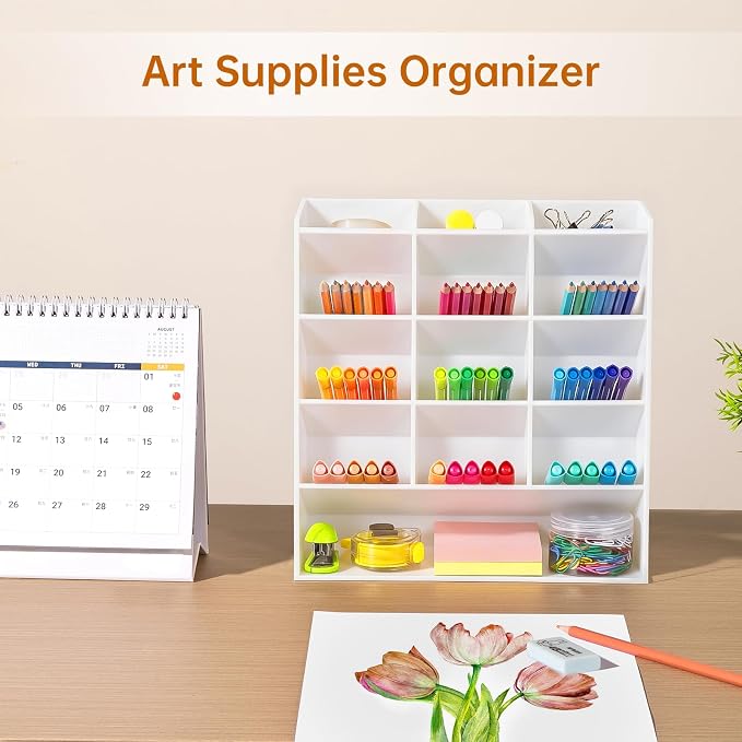BEYGORM Acrylic Vertical Marker Organizer for 150 Markers, Desk Orgaizer | 13 Compartments Clear Angled Pen & Pencil Holder, Large Stationery & Art Supply Storage for School (10.2 x 9.8 x 4 Inch)