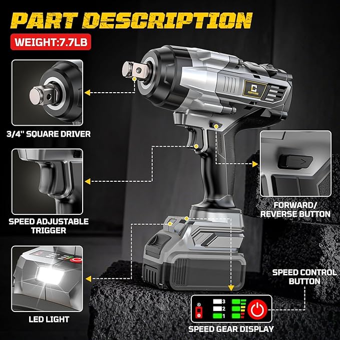 Cordless Impact Wrench 3/4 inch compatible with Dewalt 20V Battery, Cerycose1850ft-lbs (2500N.m) Brushless Electric Impact Gun, High Torque Impact Driver, Bare Tool Only, Heavy-Duty Automotive