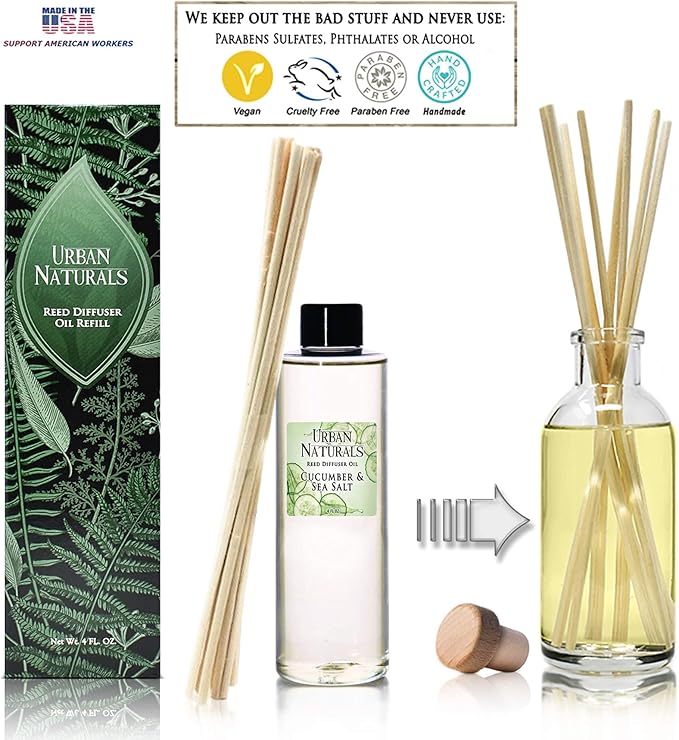 Urban Naturals Cucumber Sea Salt Reed Diffuser Oil Refill Kit | Fresh, Crisp Cucumber, Agave Leaves & Sea Salt | Essential Oil Room Scent + Replacement Reed Sticks | Made in the USA