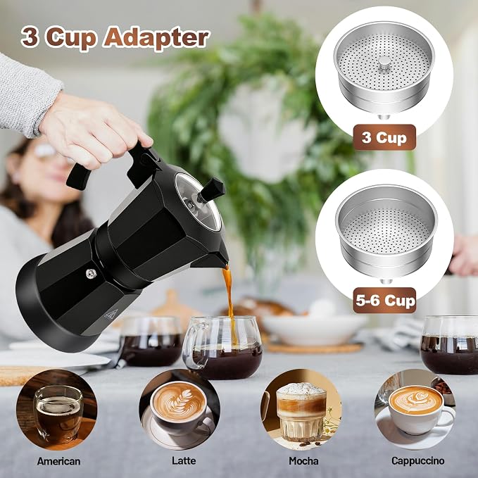 Electric Aluminum Moka Pot 3-6 Cup 150-270ml Espresso Maker | with Detachable Base Ideal Coffee Makers for Home MochaPot Italian and Cuban Café Coffeemaker Espressomaker CoffeePot Black
