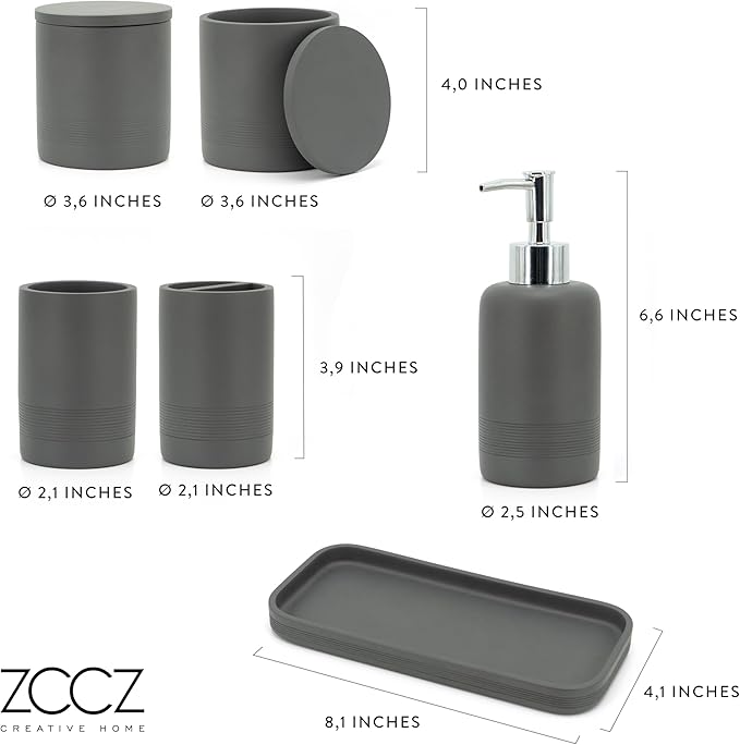 ZCCZ Gray Bathroom Accessories Set 6 Pieces - Toothbrush Holder, Lotion Dispenser, Qtip Container, Vanity Tray, Tumbler - Countertop Organizer for Bathrooms - Elegant and Functional Décor Set