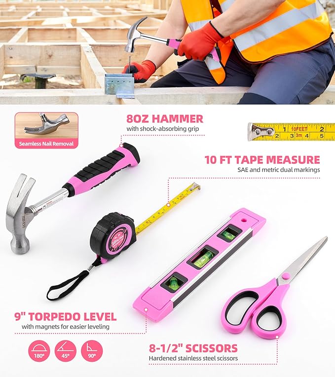DOWELL 123-Piece Pink Home Repair Tool Kit for Women & Girls - All-in-One DIY Toolkit with Ergonomic Handles, Durable Toolbox, Non-Slip Grips | Perfect Gift for Wives, Moms, Crafters