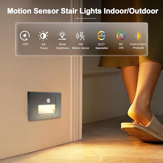12-Pack Horizontal LED Step Lights, Motion Sensor & Dusk to Dawn, IP65 Waterproof, 3000K-5000K Adjustable, Anti-Glare Louvered, 3W 120V Stair Lights Indoor Outdoor, Bronze, ETL Certified