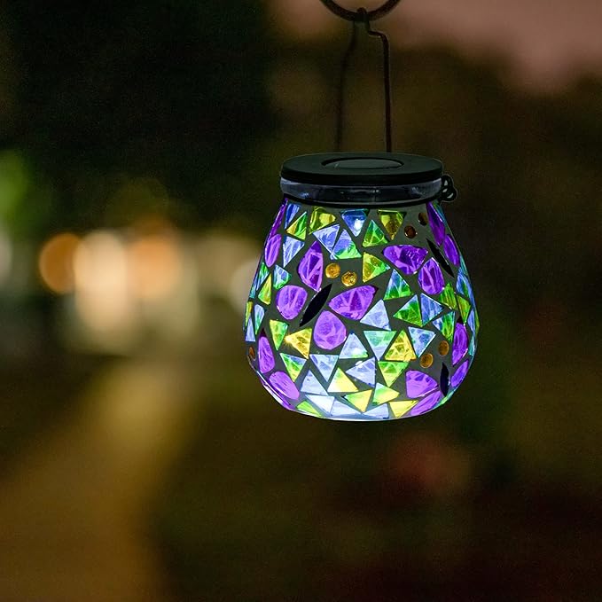 Afirst Mosaic Solar Lanterns - Glass Hanging Lights Butterfly Hollow Out Waterproof Outdoor Decorative for Garden, Patio, Holiday Party Outdoor Decoration, 1 Pack