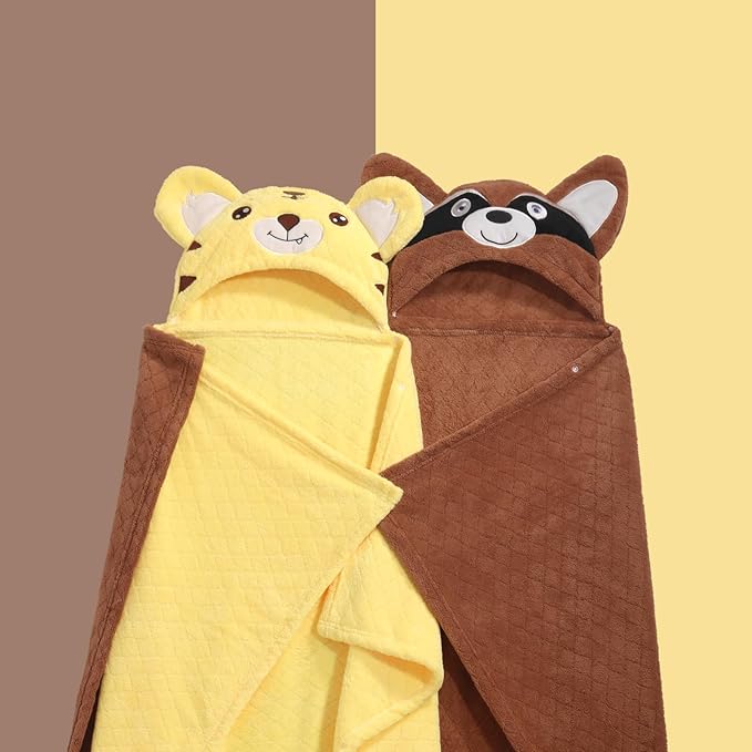 Toddler Towels with Hood, 2 PCS Kid Bath Towel with Animal Hooded for 0-5 Years,Super Soft Premium Coral Fleece Luxuriously Thick and Plush with Large Size 50"x32", Brown Bear& Yellow Tiger