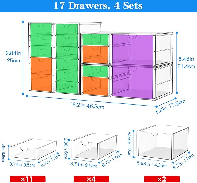 ARSTPEOE 17-Drawer Acrylic Storage & Makeup Organizer for Desk, Bath | Smooth-glide drawers, clear acrylic, 4-set stackable, dustproof, wipe-clean, for serum samples, sheet masks, bobby pins