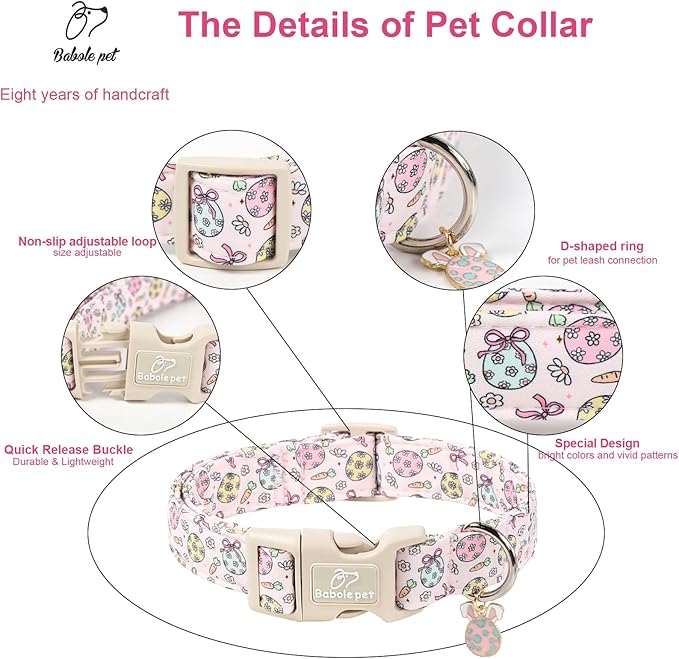 Easter Dog Collar for Large Dogs - Easter Egg Pastel Dog Collars, Cute Girl Dogs Collar, Lightweight Adjustable Pink Spring Holiaday Dog Collars with Quick Release Buckle L