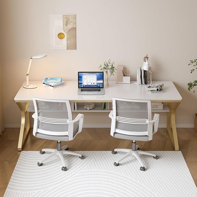 OSCHF 71-Inch Extra Long Desk with Storage Shelf, Gold | Double Long Writing Table, Space-saving, 2-Person Workstation, Modern Study Work Computer Desk, For Home Office