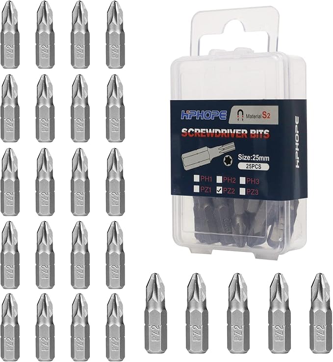 HPHOPE PZ2 Screwdriver Bit Set, Pozi Bits PZ2 1/4" Hexagon Bit (Length: 1", 25 Pack)