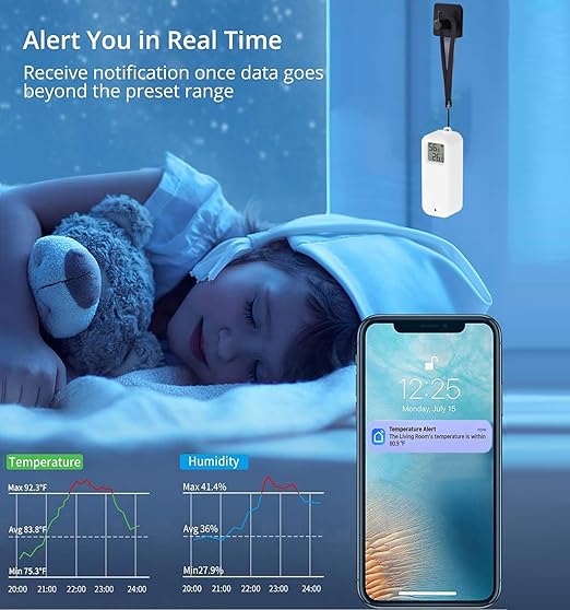 WiFi Smart Thermometer Hygrometer: Wireless Temperature Humidity Sensor with Notification Alert, Data Storage & Export, Calibrable Digital Temperature Monitor, Compatible with Alexa (4-PCS)
