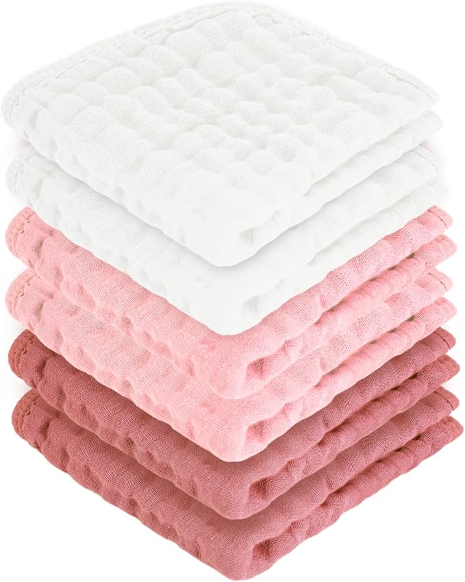 Baby Washcloths 100% Cotton Size is 12x12 inches. Lightweight, Portable, and Ideal for use at Home or on The go. (White & Pink 6 Pieces)