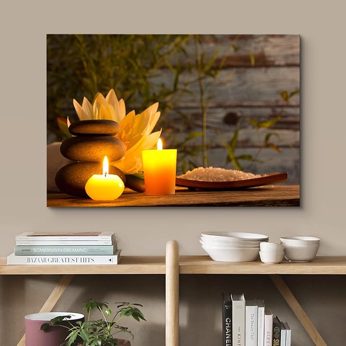wall26 Canvas Print Wall Art Wood Panel Meditation Spax Candle Massage Stones Nature Wilderness Photography Realism Rustic Landscape Colorful Multicolor for Living Room, Bedroom, Bathroom - 12"x18"
