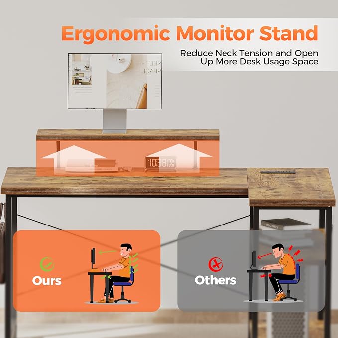 Mericonia 48 in Corner Desk with Monitor Stand, Small L Shaped Gaming Desk | Reversible Computer Desk with Power Outlets, LED Light & Storage Shelves, Office Table for Home Bedroom Study Work Writing