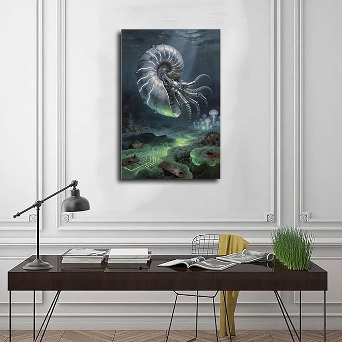 Framed Steampunk Mechanical Nautilus Wall Art - Underwater Industrial Poster for Man Cave Studio Decor 12x18inch(30x45cm)