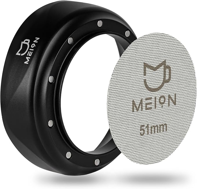 MEION 51mm Espresso Dosing Funnel and 51mm Puck Screen Set for 51mm Portafilters, Magnetic Coffee Portafilter Funnel, Reusable Espresso Puck Screen, Espresso Tools Espresso Accessories (51mm, Black)